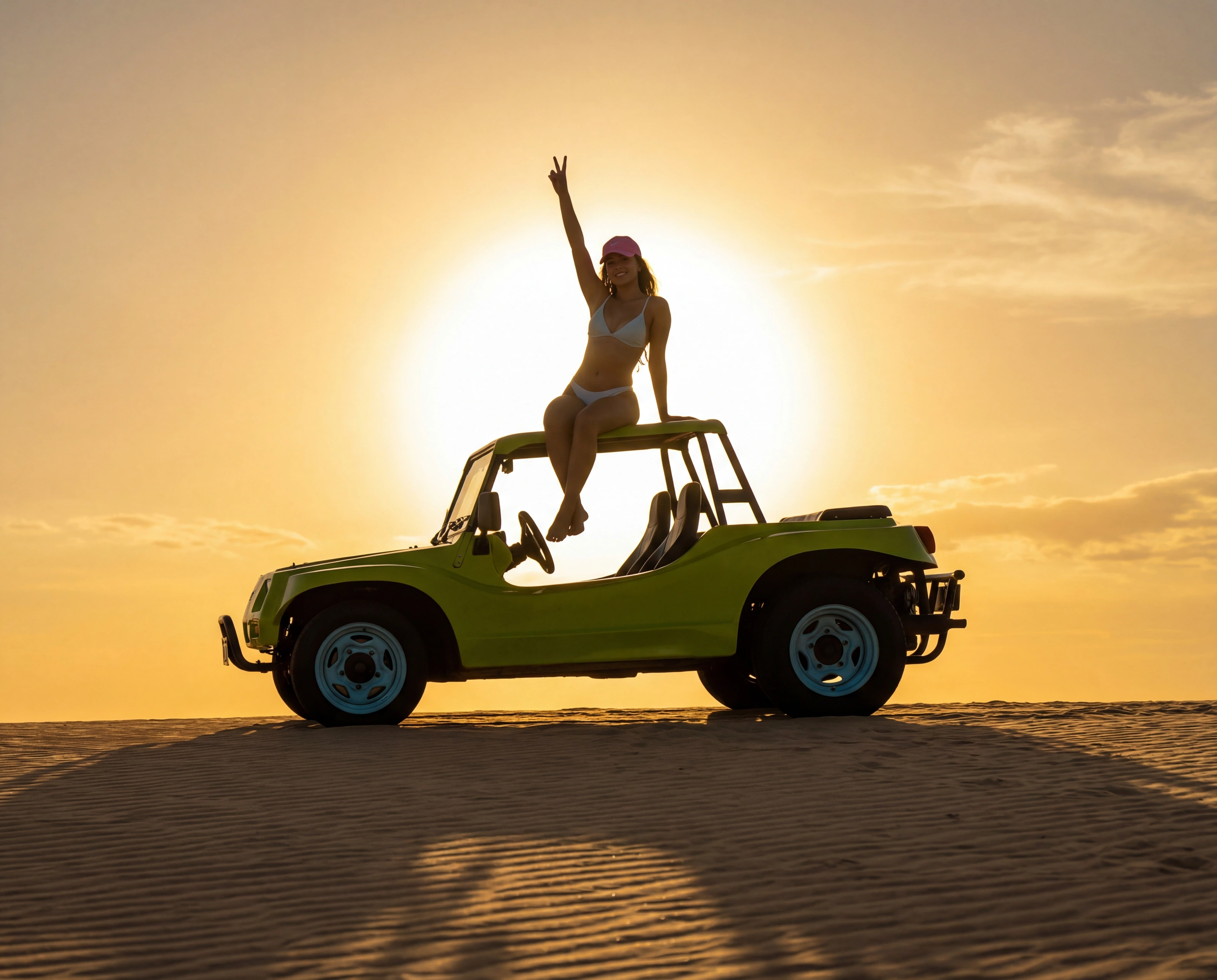 dune buggy woman sunset