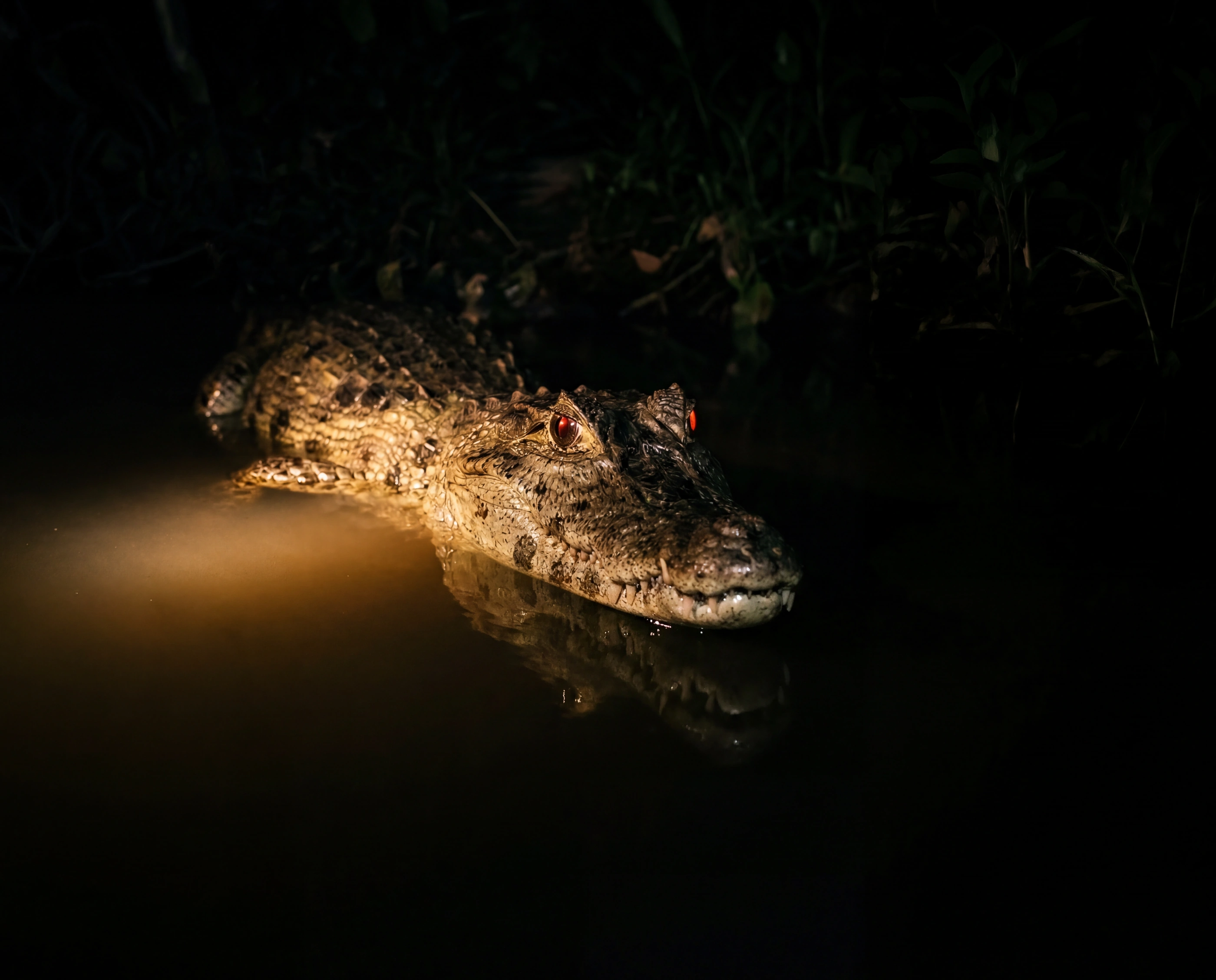 Un caïman au bord de l'eau la nuit, reflété sur la surface sombre