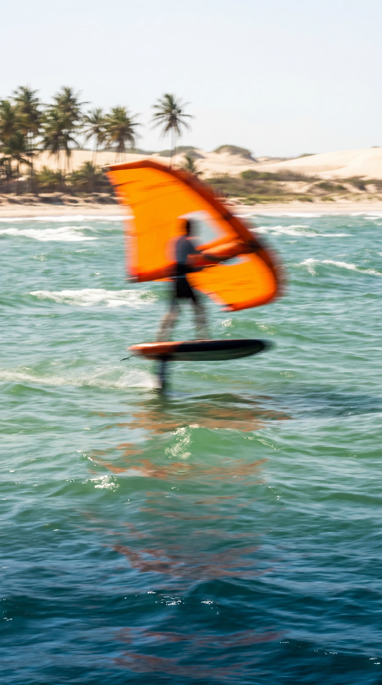 Wing-foiler em pleno voo sobre o mar, com a faixa de coqueiros e dunas ao fundo.