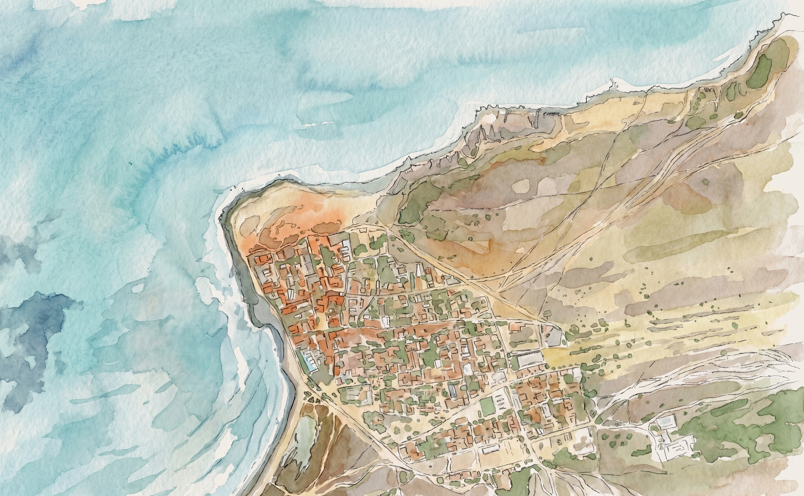 Aquarela aérea de Jericoacoara: o vilarejo de telhados alaranjados na ponta do promontório, o Atlântico a oeste, a faixa de dunas envolvendo a leste.