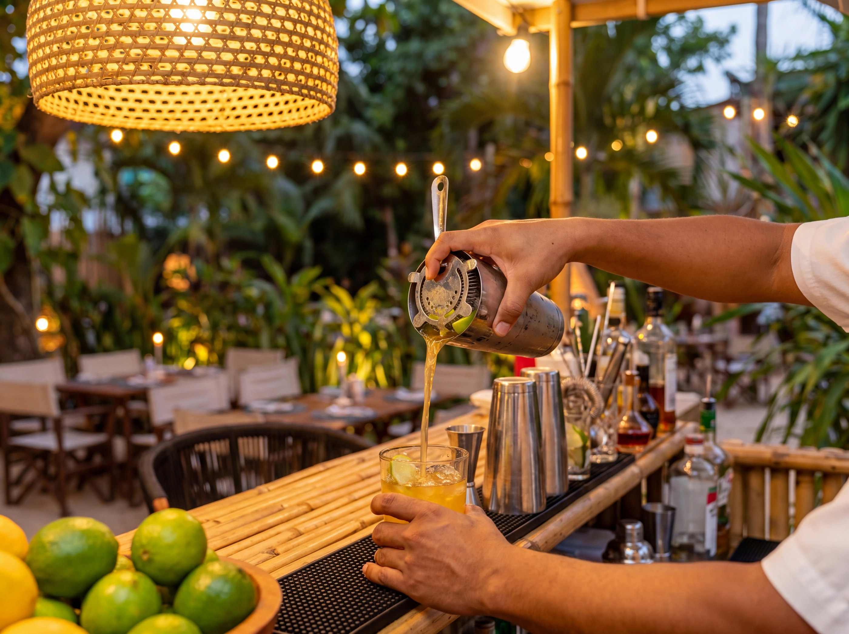 Barman versant un cocktail au bar extérieur, citrons verts et bouteilles sur le comptoir, suspension en rotin au-dessus.