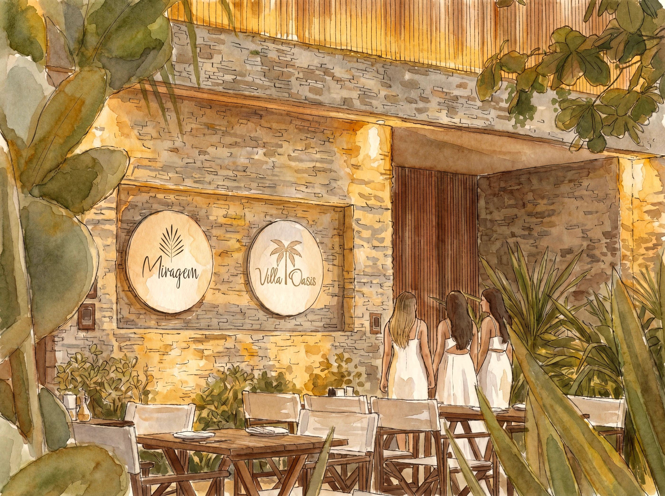 Aquarelle de la façade partagée de Miragem et Villa Oasis : mur de pierre empilée avec deux disques circulaires (logo Miragem en palme, logo Villa Oasis avec palmier), trois femmes en robes blanches face aux logos, tables à manger en bois au premier plan, végétation tropicale de part et d'autre.