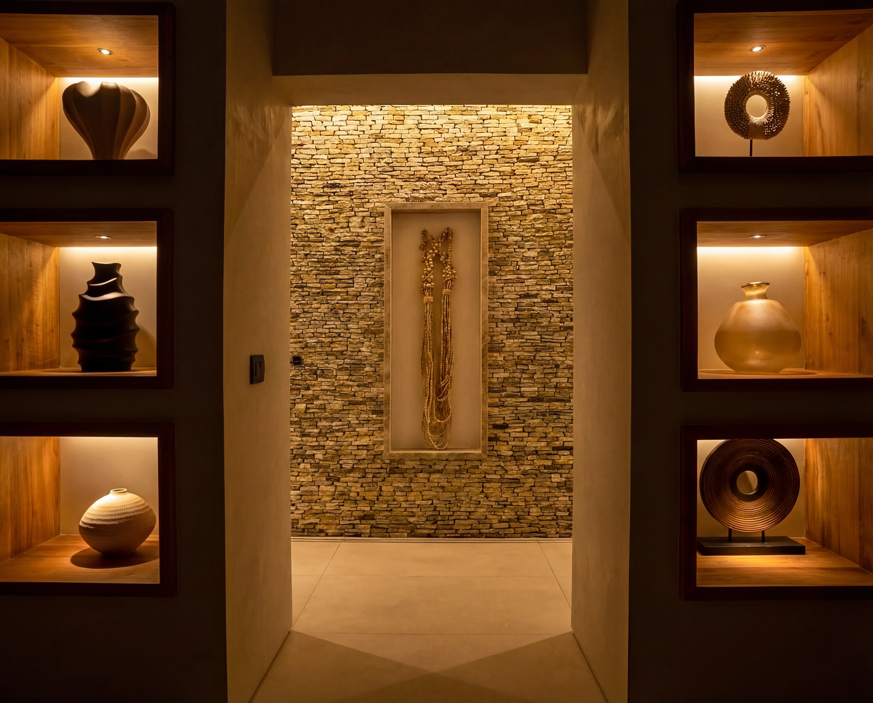corridor lit niches stone