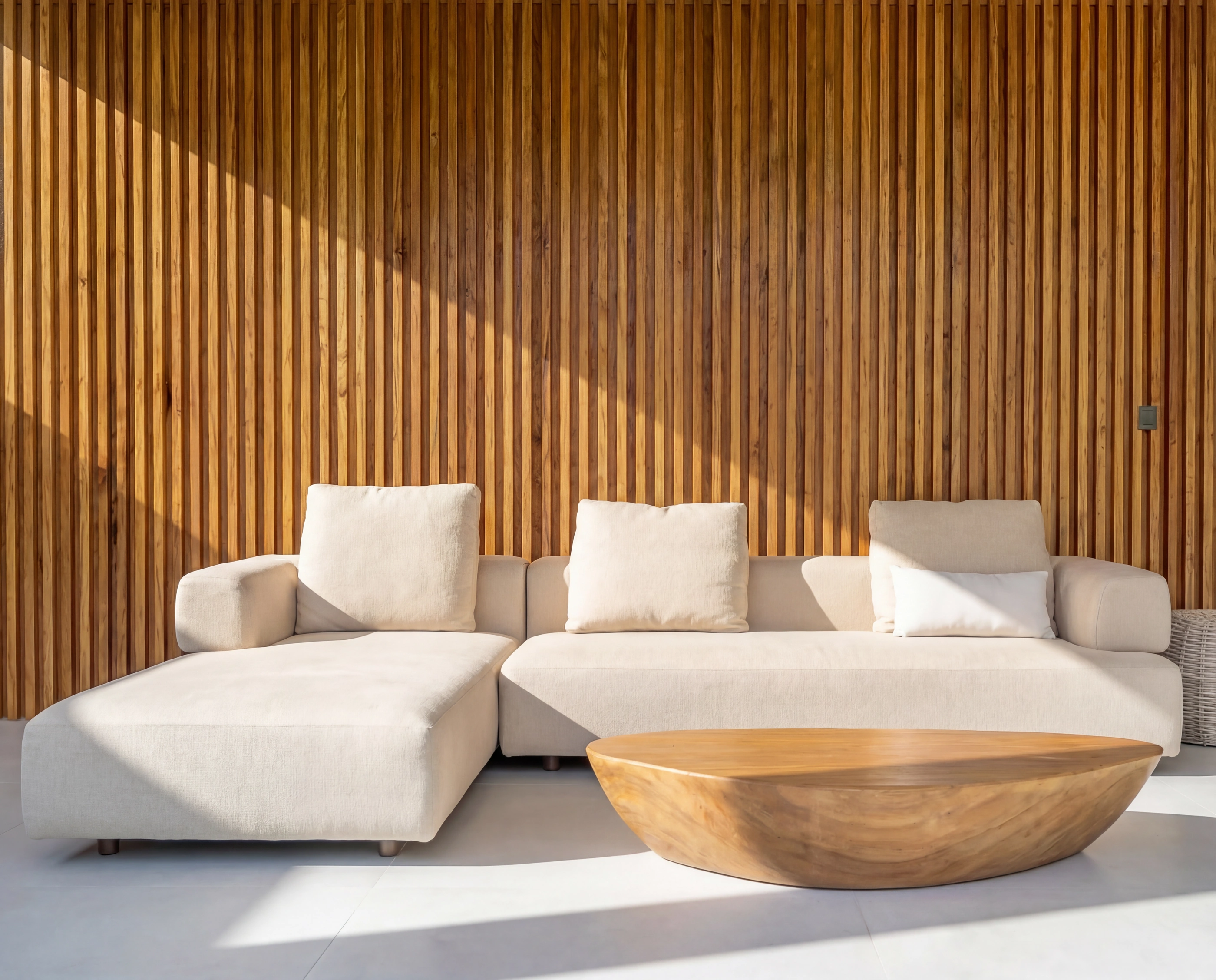 slat wood wall curved sofa