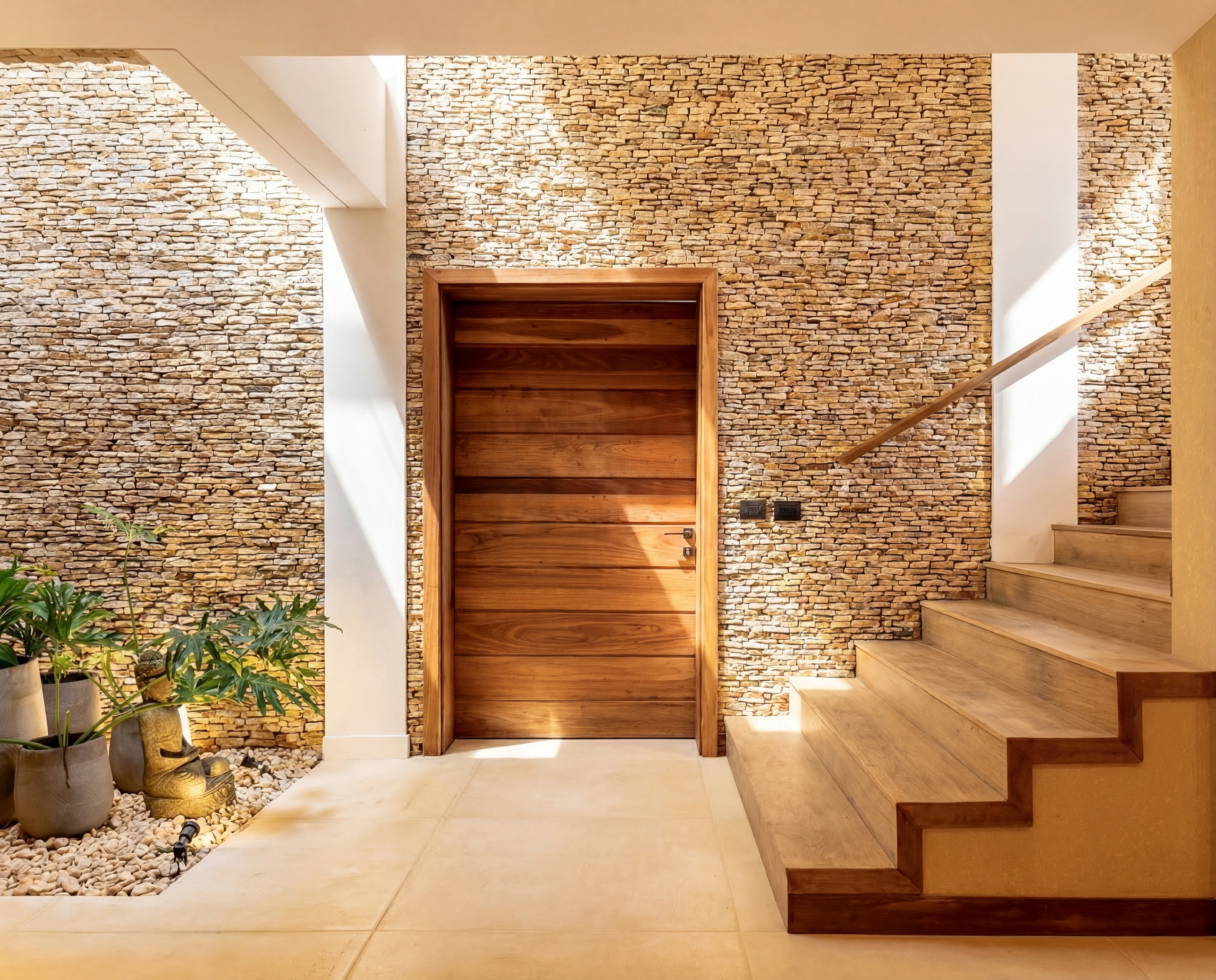 entry stone wall wood door staircase