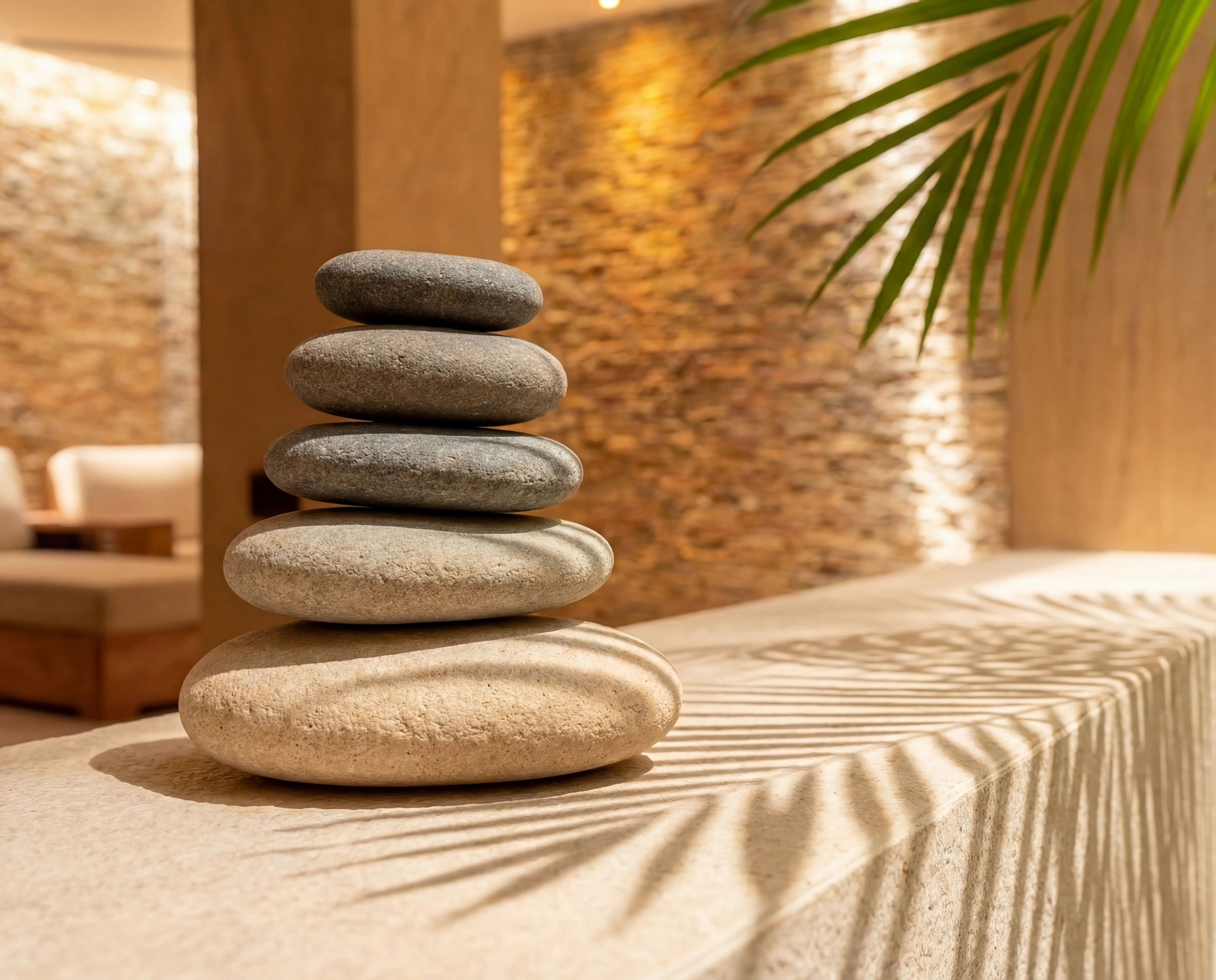 spa stone cairn palm shadow