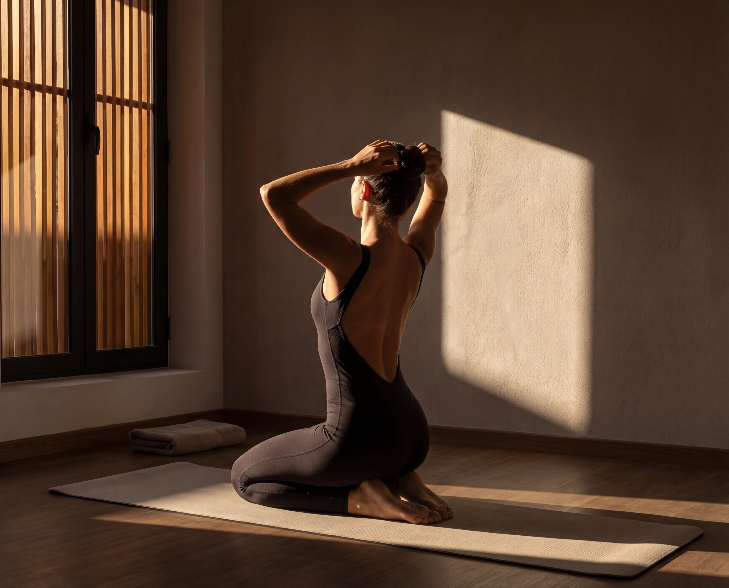 woman yoga mat window light