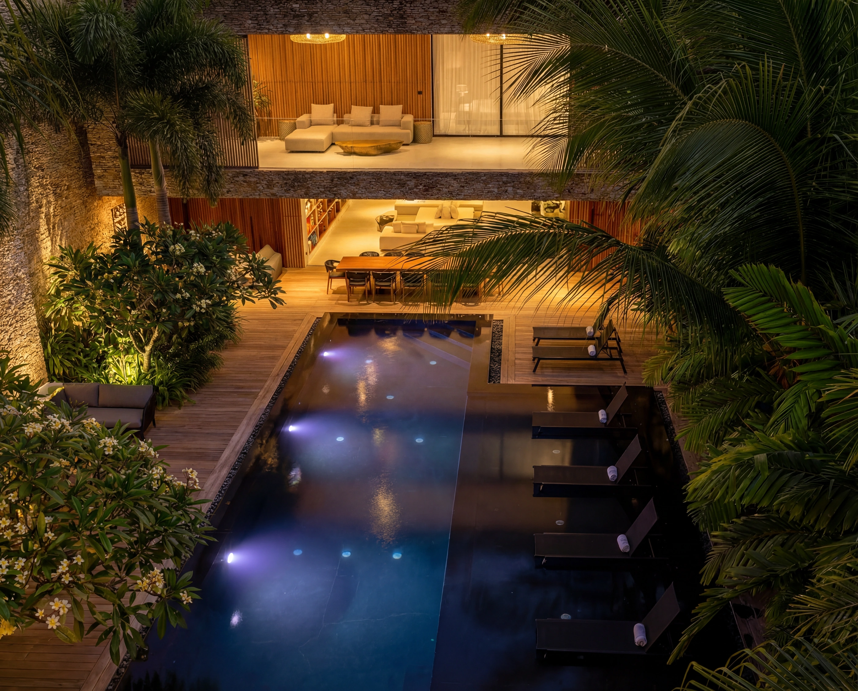 villa pool overhead evening