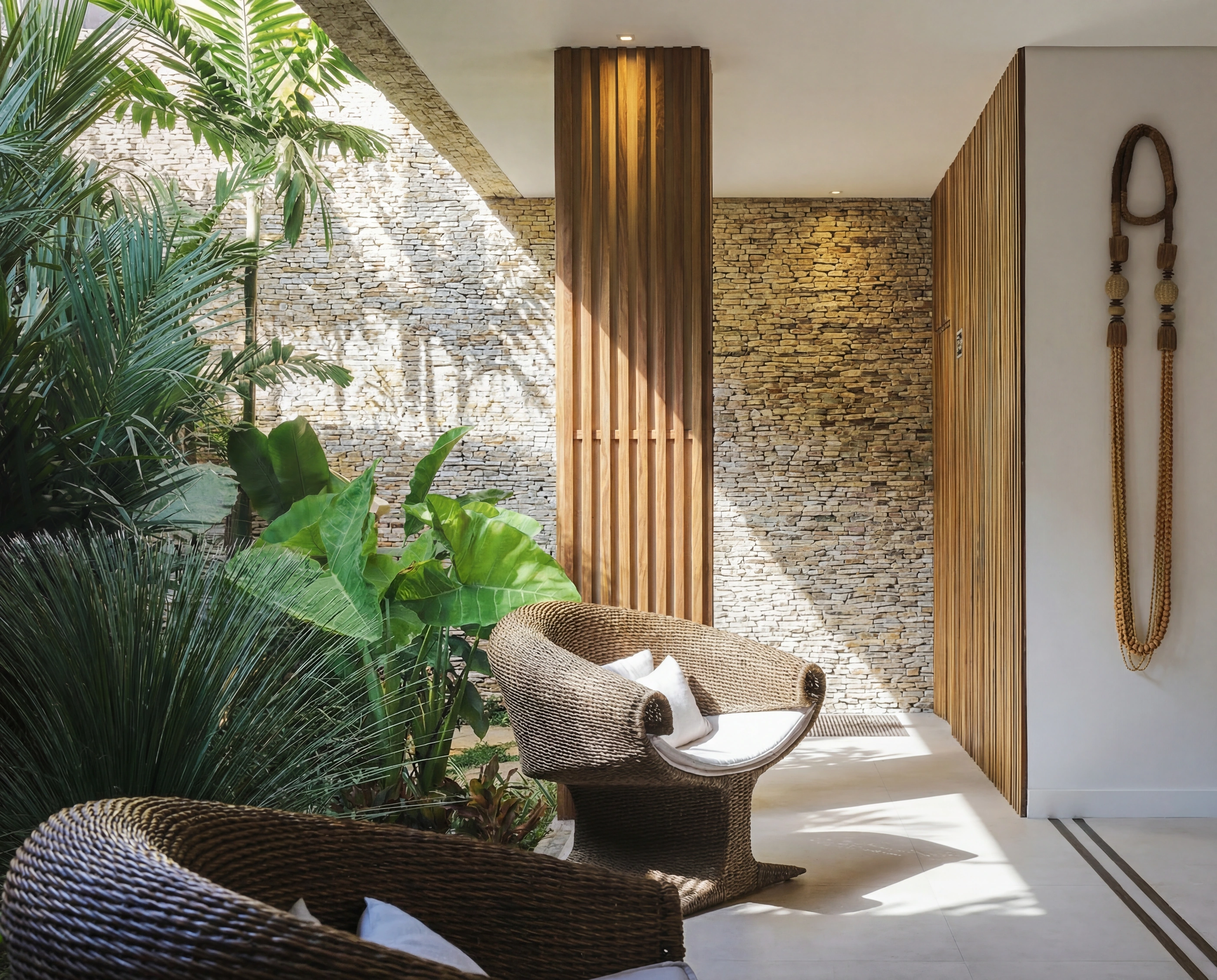 slat stone wall rattan chairs