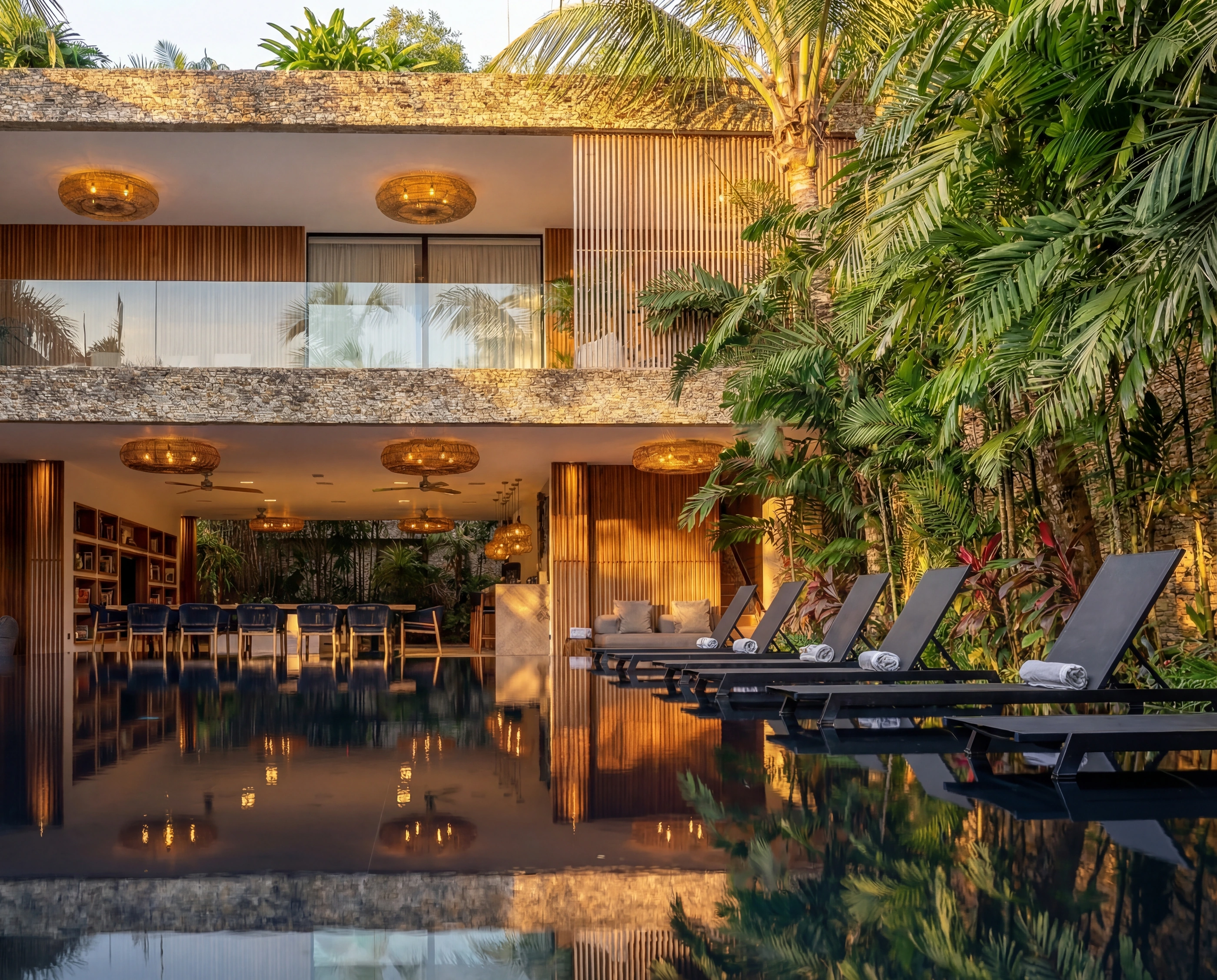 villa facade pool dusk