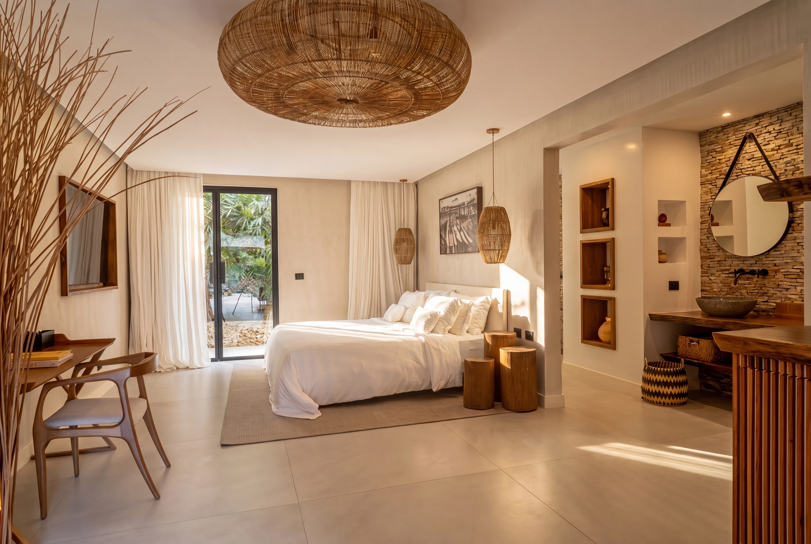White-linen bed with a round mirror and stone basin niche, opening to the garden.