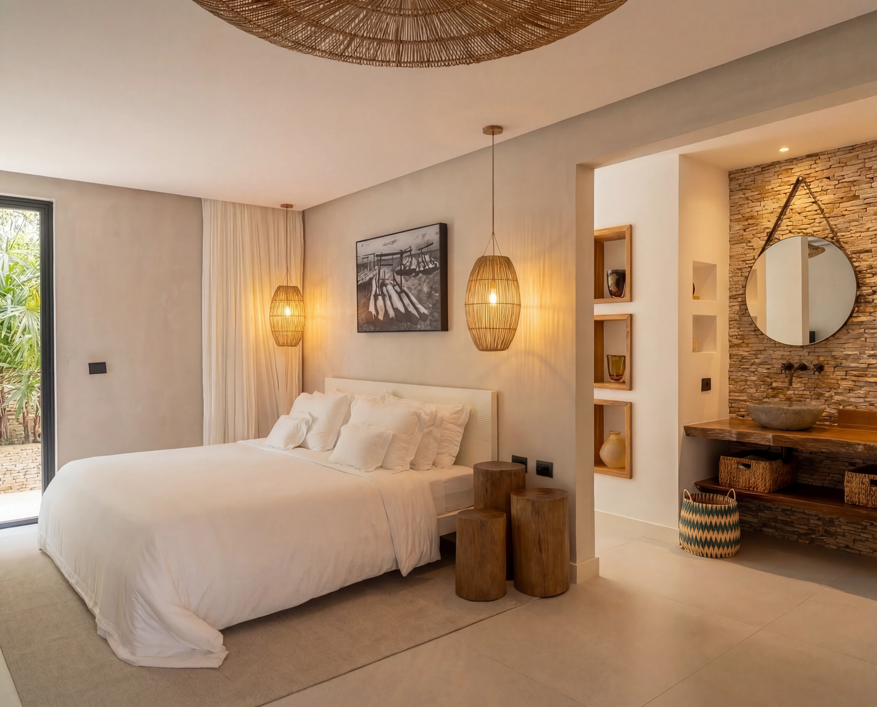 White bed in a bright room with a long view to the living space.
