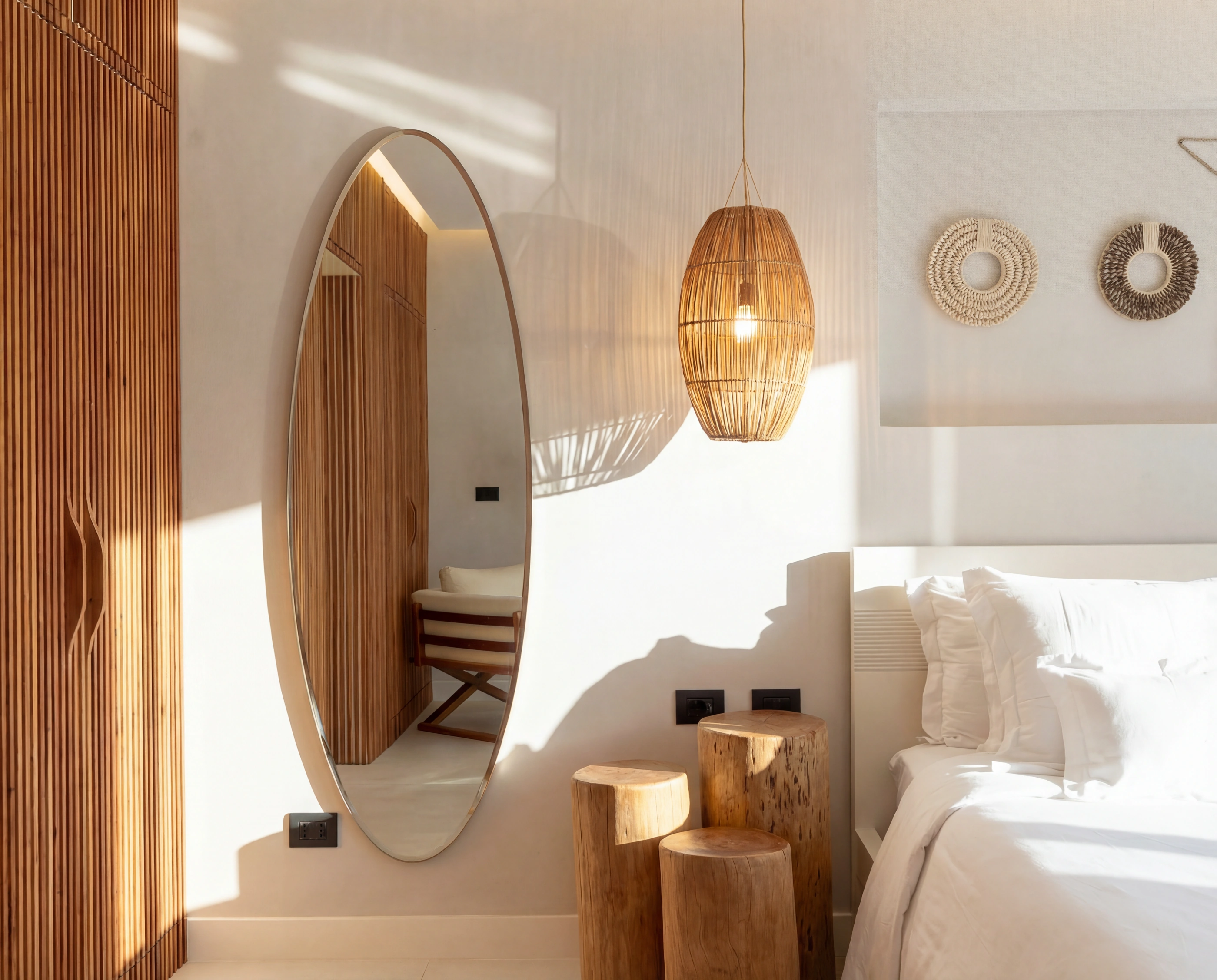 Arched mirror and rattan above the bed.