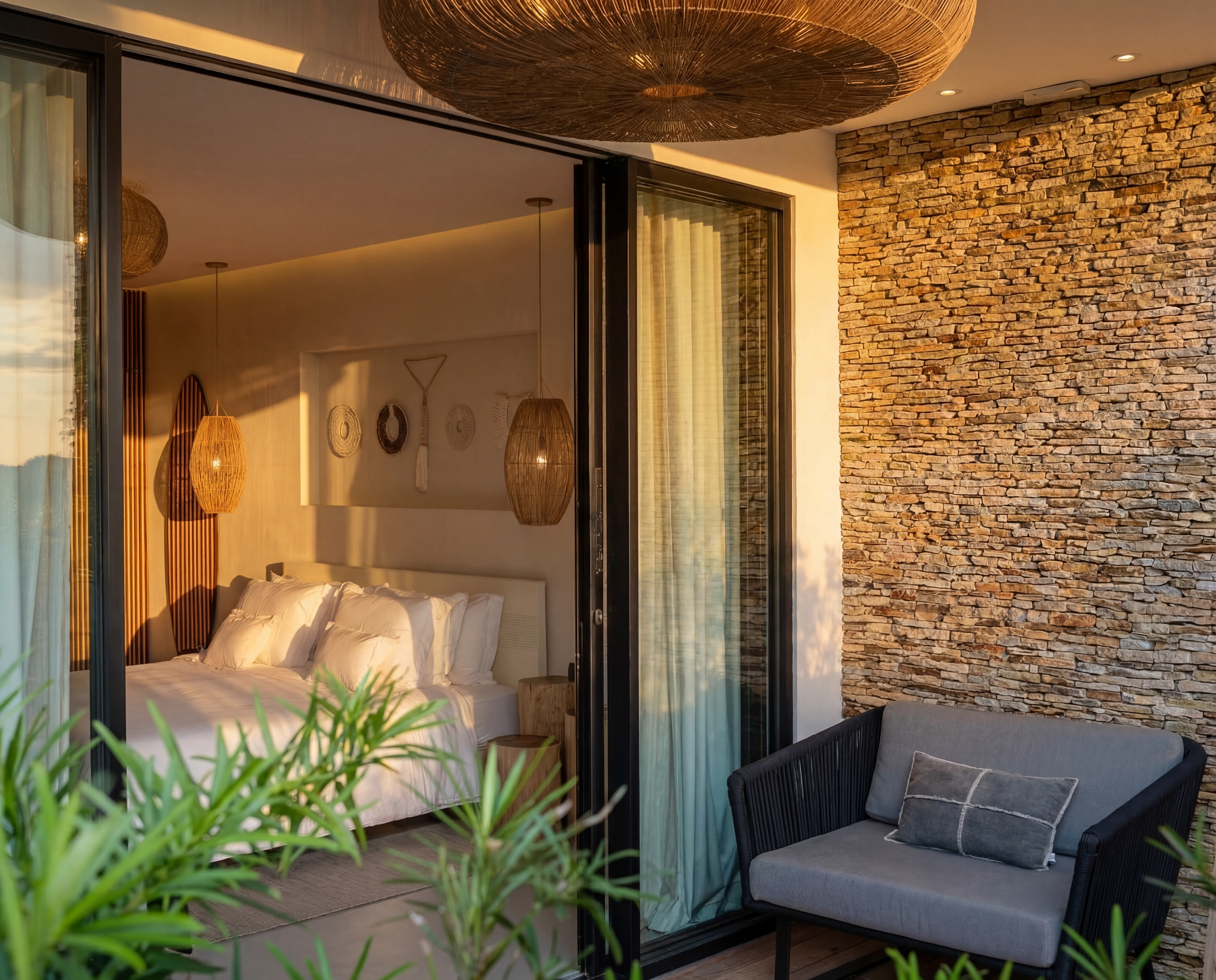 Private terrace with seating against a stacked-stone wall and planting.