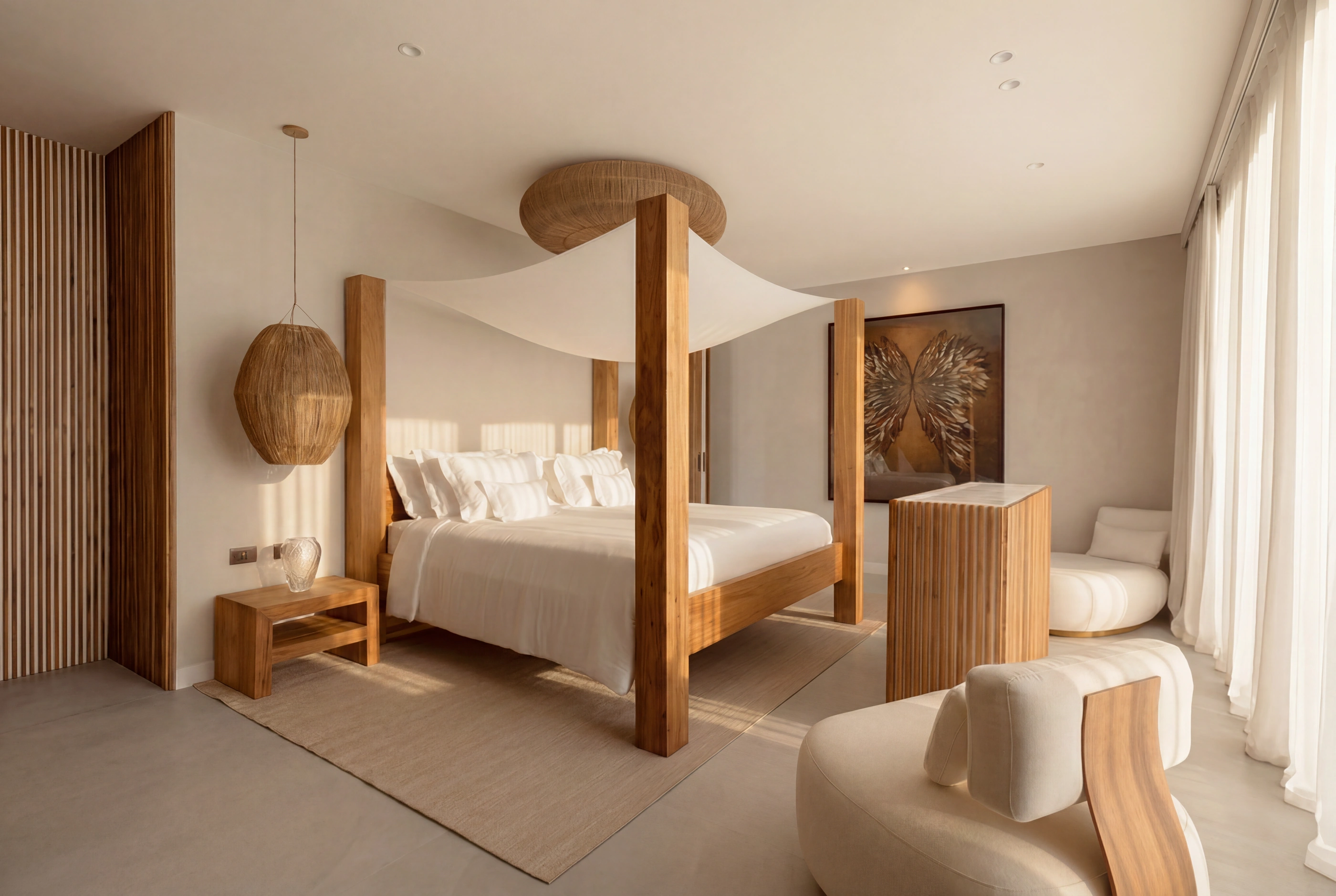 Four-poster bed with a white canopy under a rattan pendant, vertical hardwood slats and curved sofas in soft daylight.