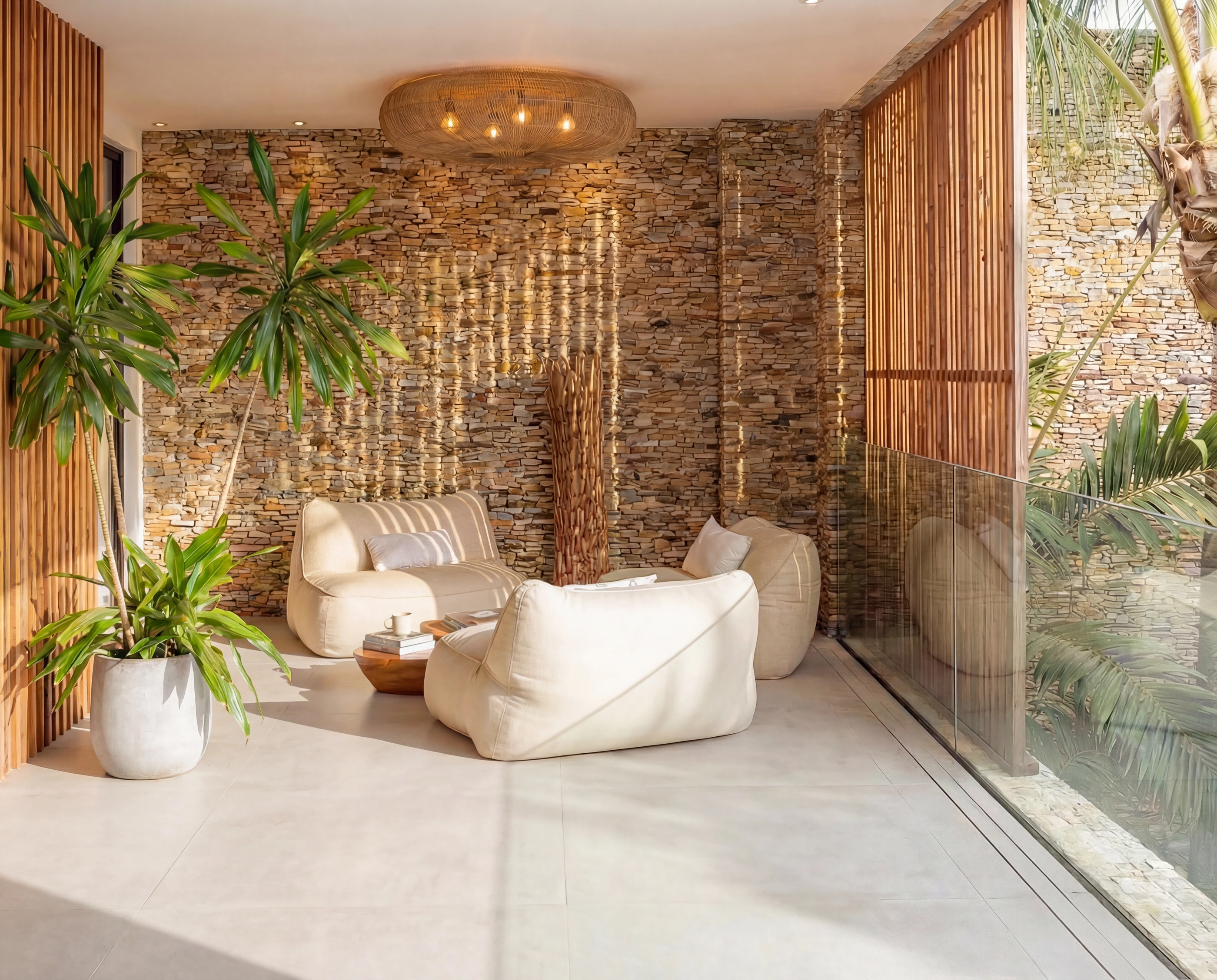 White curved sofa and slat wall, daylight through a glass wall to the garden.