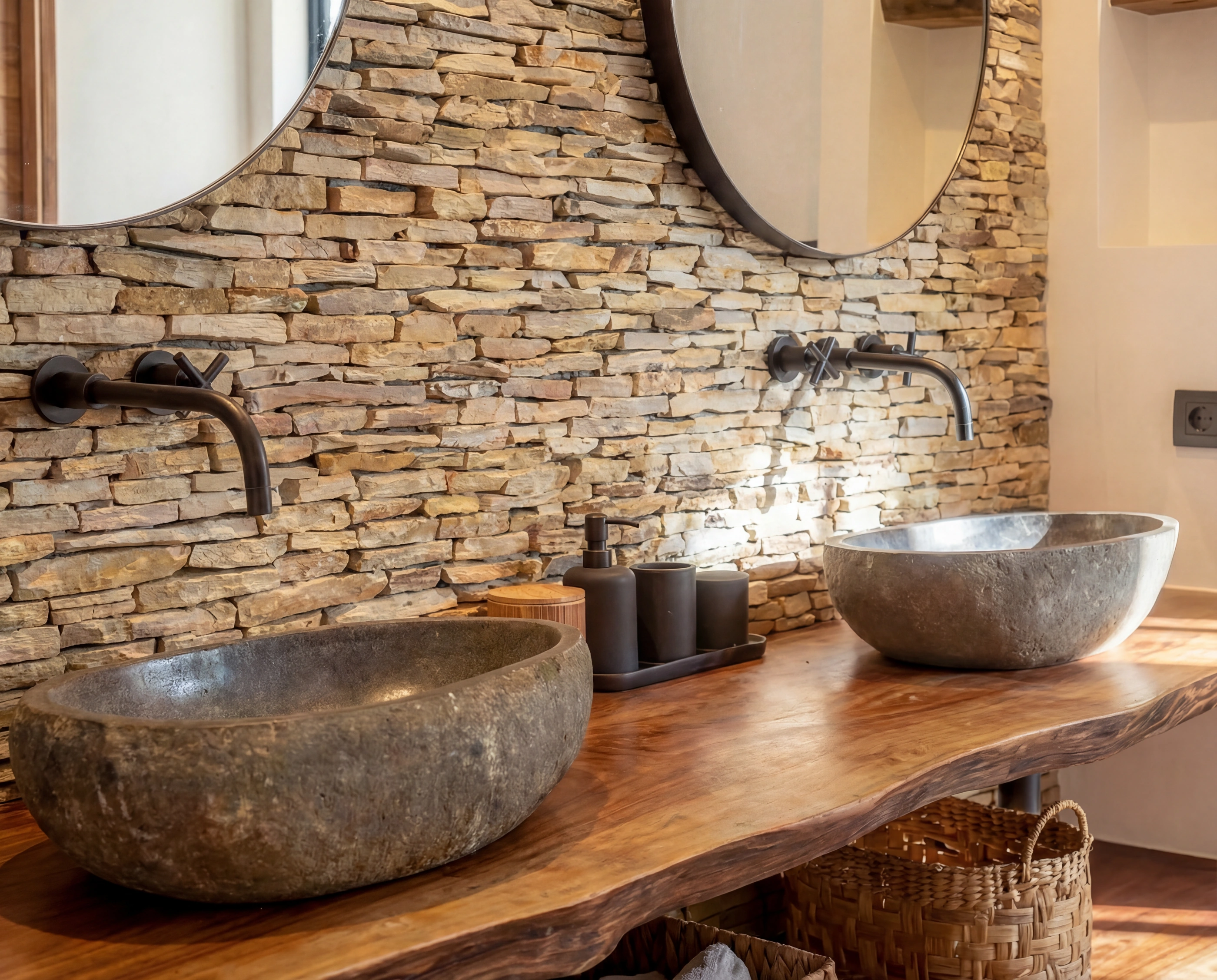 Two stone basins on a wood counter against a stacked-stone wall.