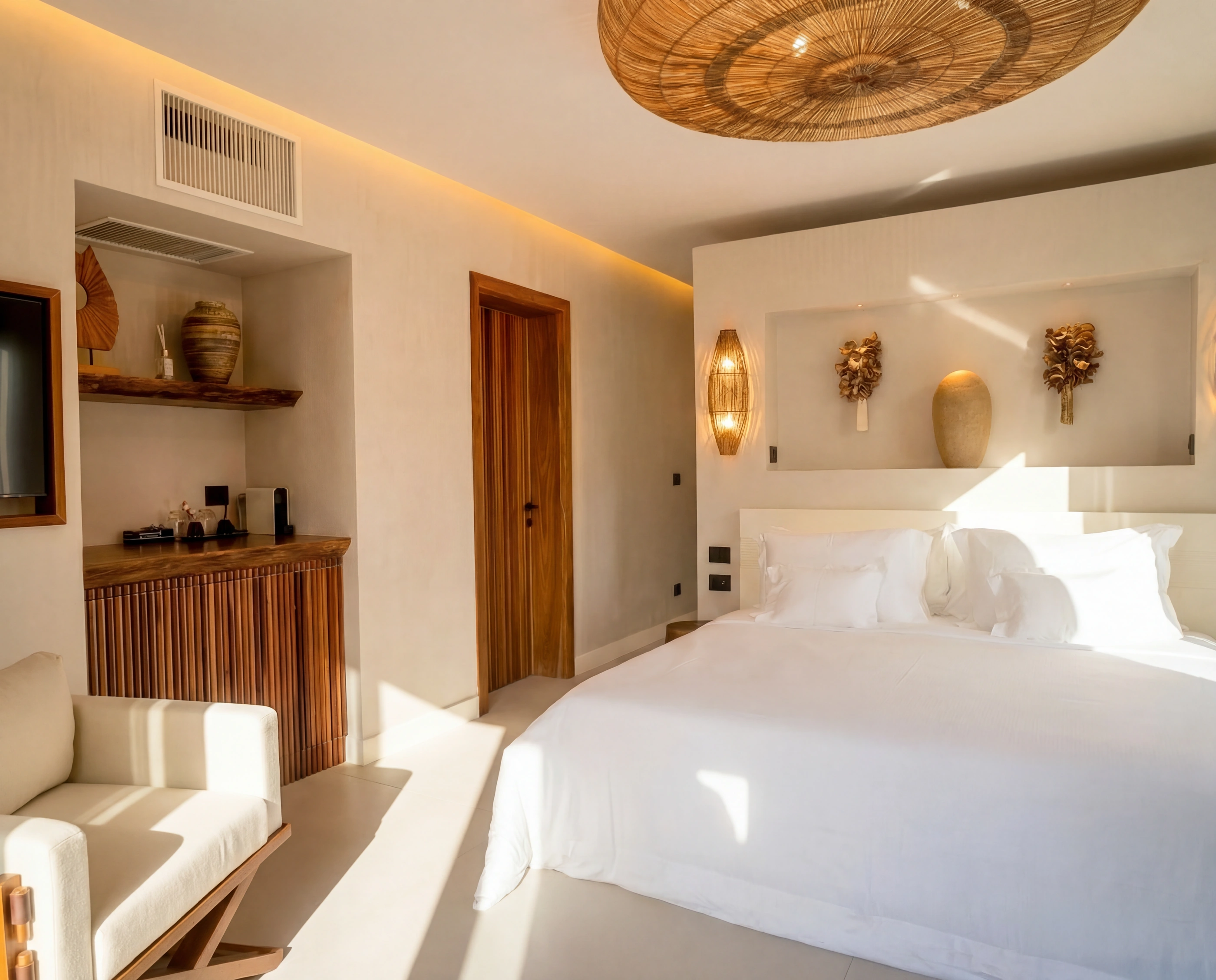 White-linen bed in bright daylight, the terrace beyond.