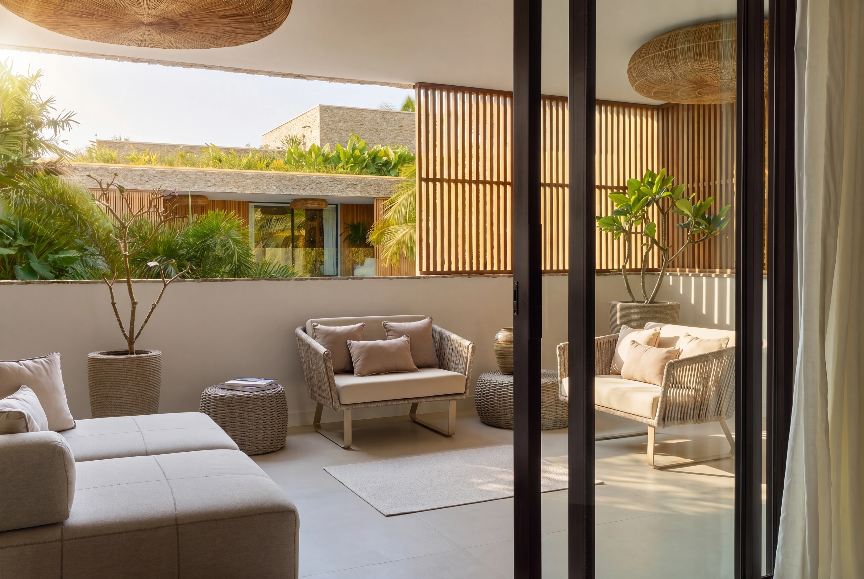 Private terrace with a cushioned sofa and plants behind a glass wall.
